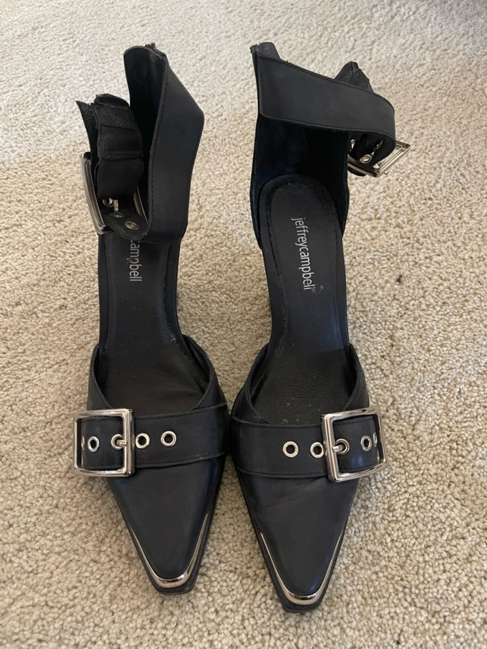 Jeffrey Campbell Black Pointed Buckle Ankle-Strap Heels with Silver Hardware